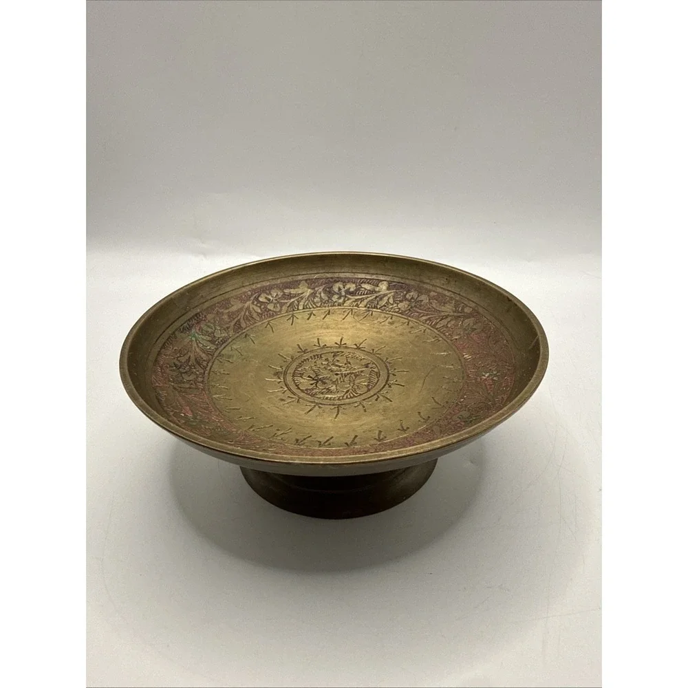 Vintage Brass Pedestal Footed Candy/Trinket Dish Floral Engraved Made in India